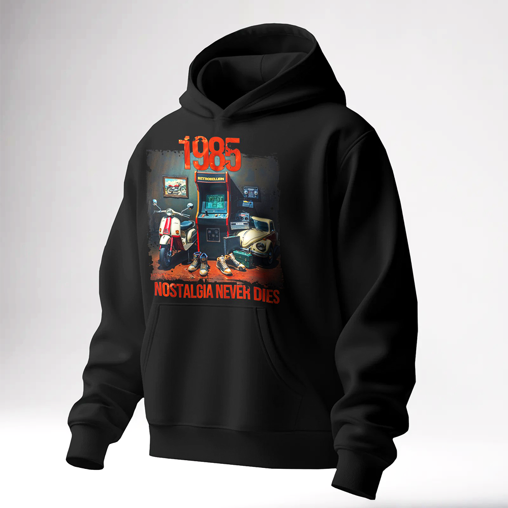 1985 Nostalgia Never Dies Hoodie (Retro Arcade Edition)