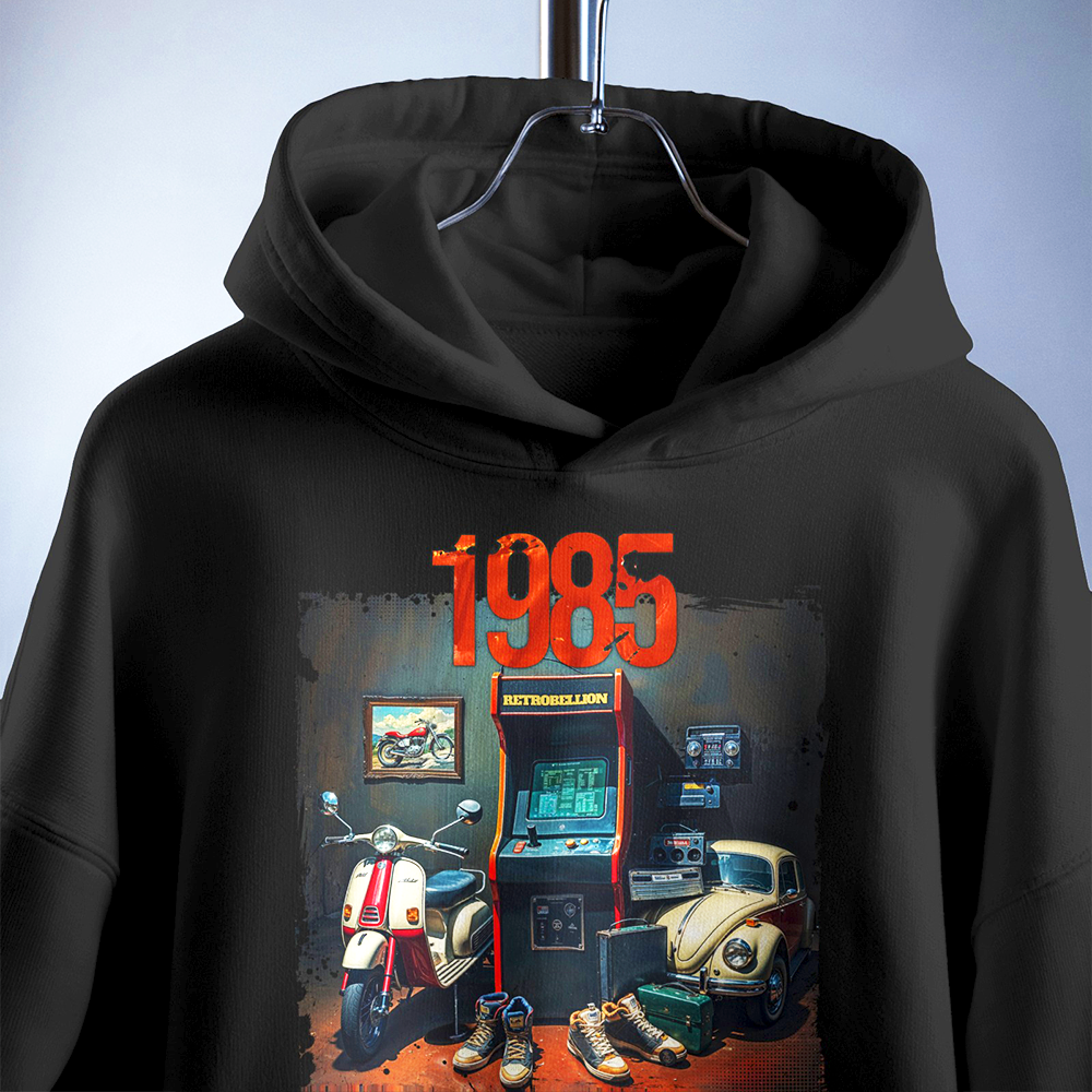 1985 Nostalgia Never Dies Hoodie (Retro Arcade Edition)