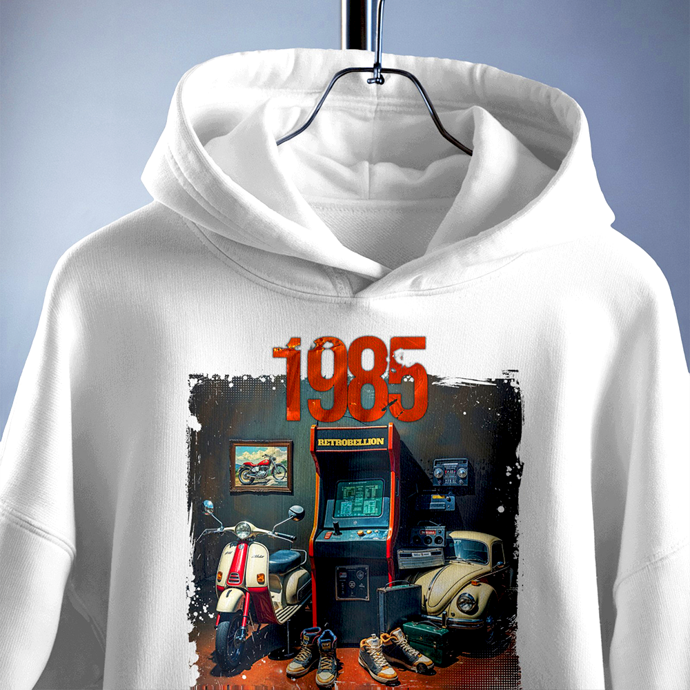 1985 Nostalgia Never Dies Hoodie (Retro Arcade Edition)